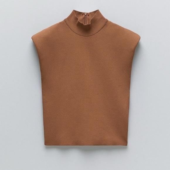 6. Zara Brown Structured Short Sleeve Crop Top With Shoulder Pads Size M - Picture 2 of 7
